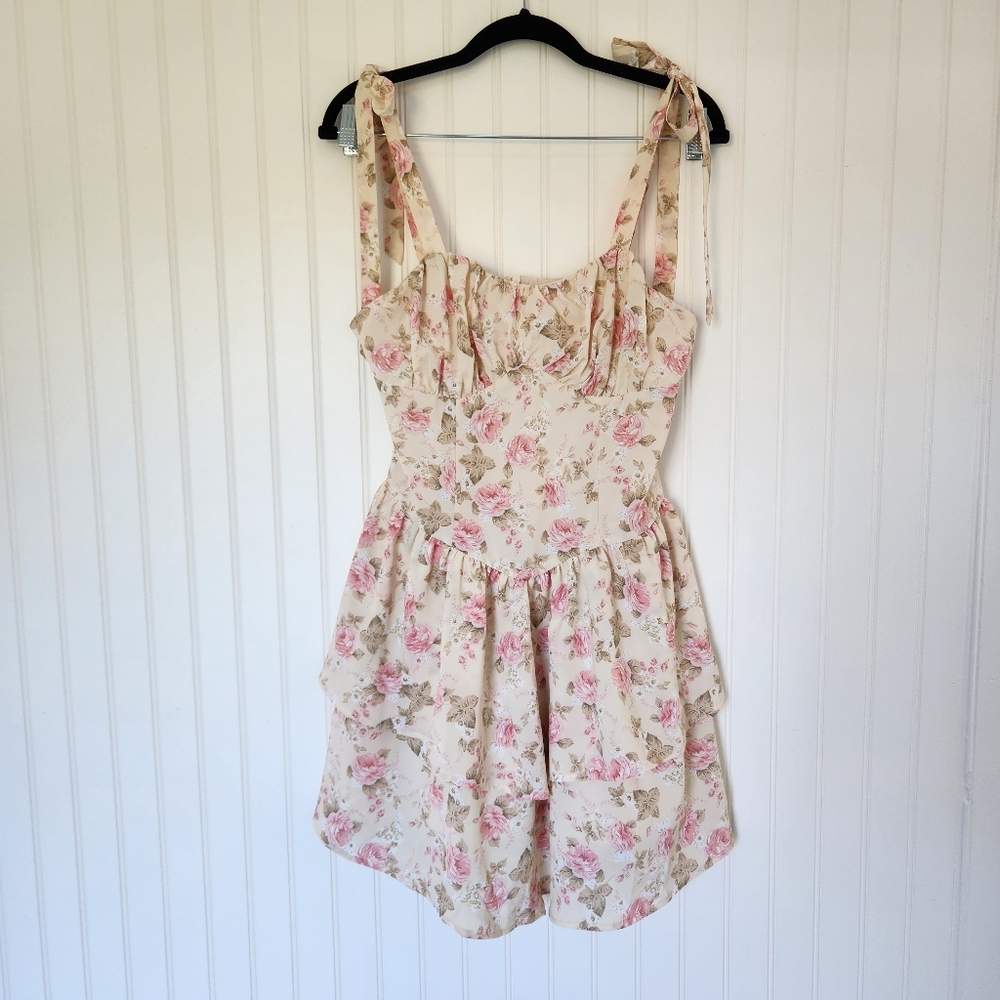 NEW SHEIN Shabbychic Cottagecore Floral Tiered Shoulder Tie Mini Dress size 6